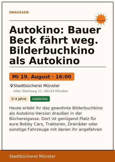 Autokino: Bauer Beck fährt weg. Bilderbuchkino als Autokino